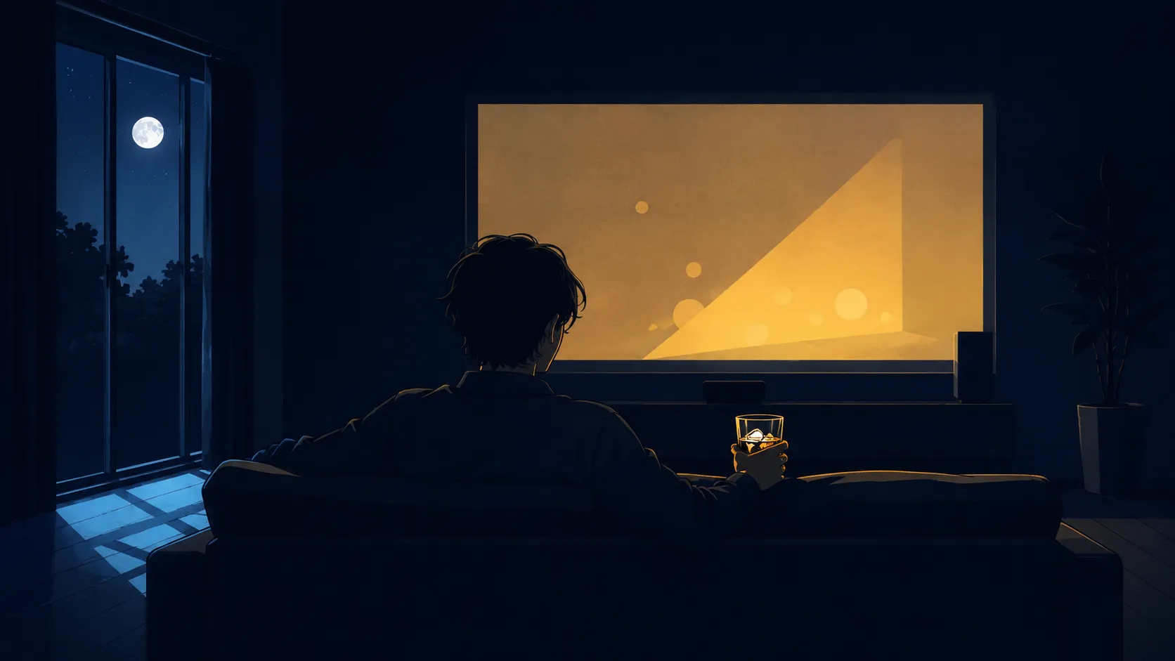 夜の部屋で映画を見る所長の後ろ姿