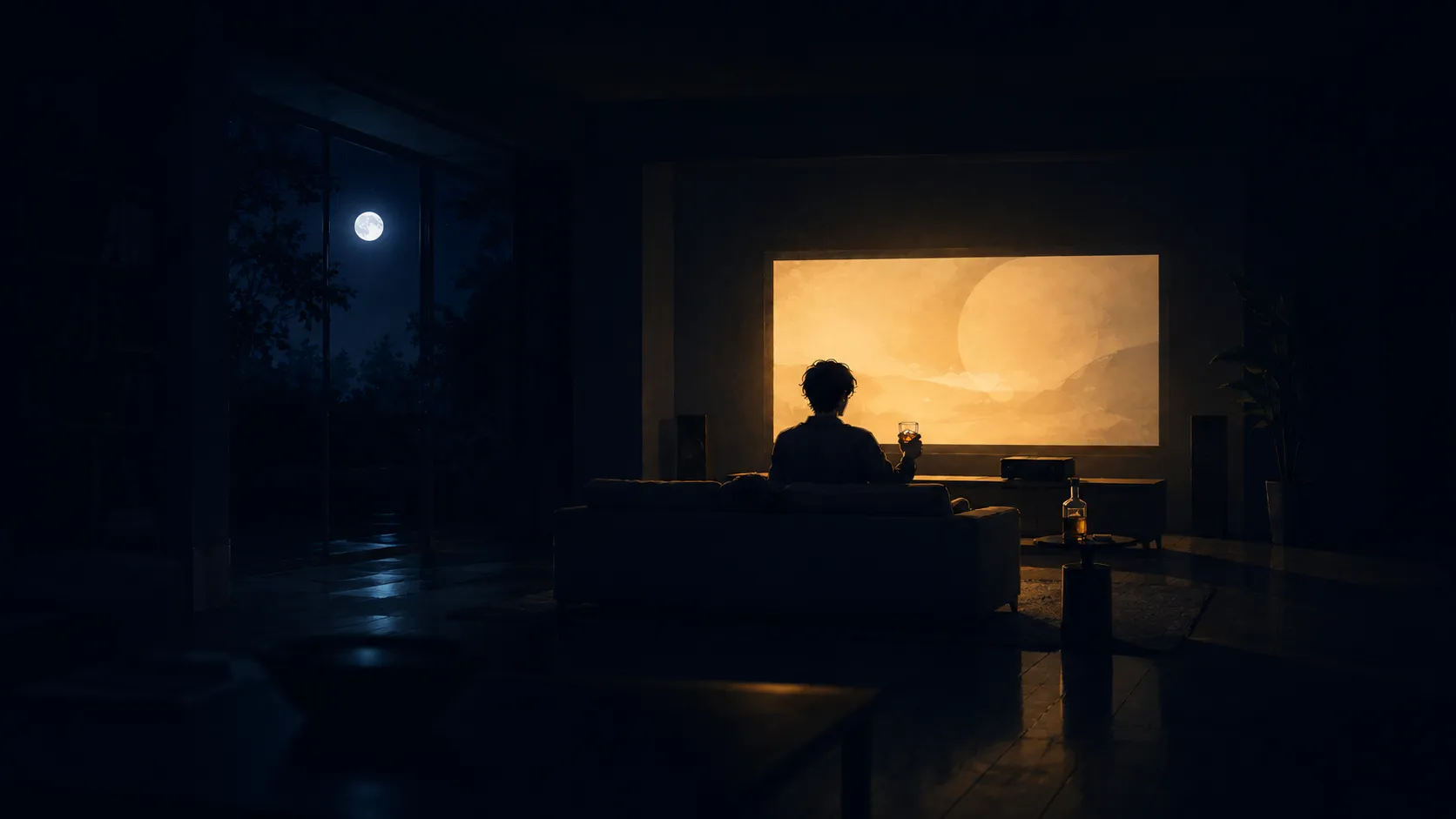 夜の部屋で映画を見る所長の後ろ姿