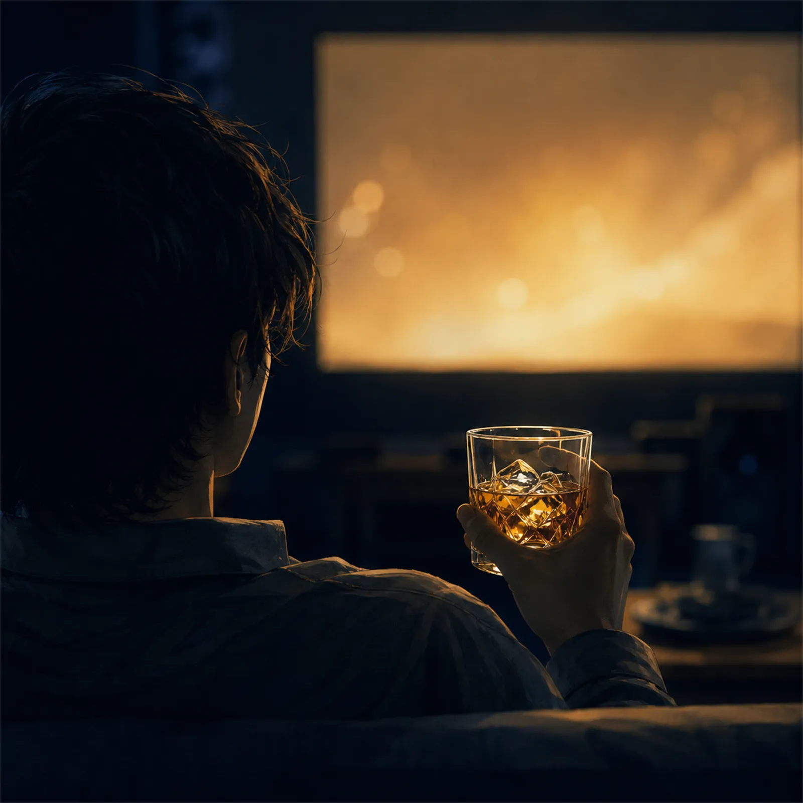 映画を見ながらグラスを傾ける所長の後ろ姿