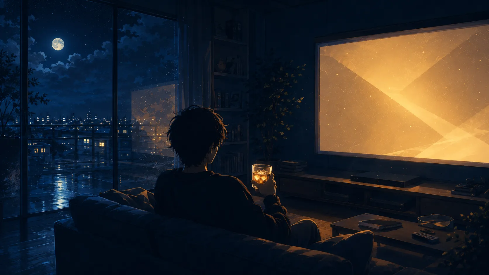 月夜の部屋で映画を楽しむ所長